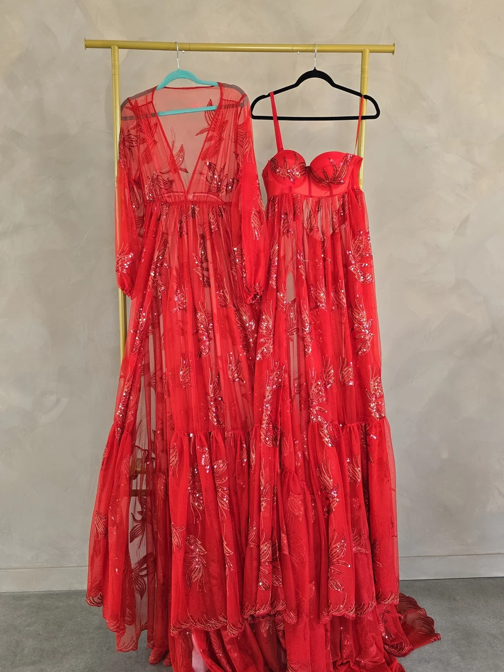 Red Floral Sheer Maxi Dress with Corset Bodice - Picture 1 of 13
